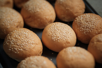 many baked sesame topping burger breads lay on oven tray waiting for cooking, shot with shallow focusing  for using as background wallpaper