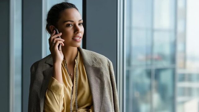 A woman is talking on her cell phone while sitting in a window. She is wearing a gold jacket and a necklace