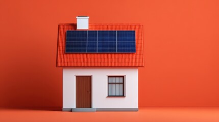 Sustainable energy solutions concept, Model house with solar panels against an orange background, symbolizing renewable energy.