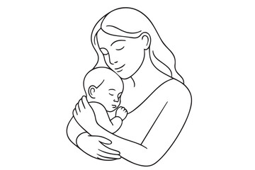 A black and white vector of a mother hugging her baby, with bold black outlines capturing warmth, love, and emotional connection in minimal style.

