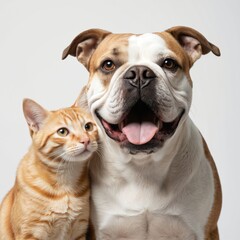Obraz premium Happy bulldog and orange tabby cat together in studio. Pets look at camera, isolated on white background. Veterinarian office theme, friends, showing diverse pets bonding.