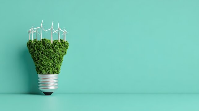Sustainable energy solutions concept, Light bulb made of greenery symbolizes eco-friendly energy and innovation against a teal background.