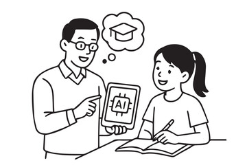 A black and white vector shows AI assisting a human in finding information, with bold outlines emphasizing a futuristic and collaborative concept.

