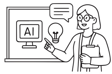Vector design of AI supporting humans in seeking information, presented in monochrome style with crisp black outlines for a modern, minimal tech visualization.

