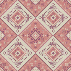 Soft tribal pattern in peach and rose tones with tile-like diamond symmetry. A modern ethnic design with vintage charm.