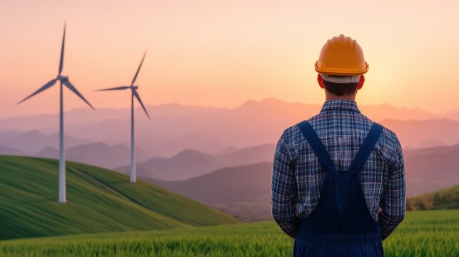 Sustainable energy solutions concept, A worker observes wind turbines at sunset, symbolizing renewable energy and sustainability.