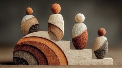 Layered wood figurines scale podium with light above, representing future leadership emergence and mentoring path