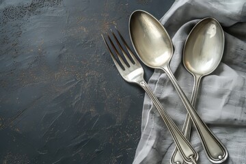 Charming vintage silver spoon and fork placed elegantly with cotton napkin on dark kitchen table