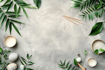 Tranquil Spa Still Life Featuring Tropical Leaves, Stones, and Beauty Liquid for Ultimate Relaxation
