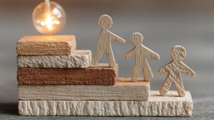 Layered wood figurines scale podium with light above, representing future leadership emergence and mentoring path