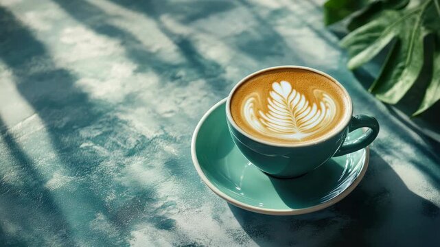 Cup of latte with leaf art in teal and saucer on textured blue surface