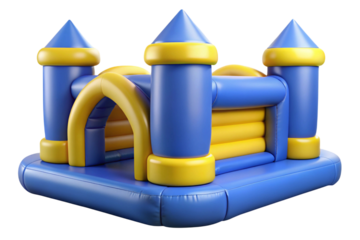 Blue and yellow inflatable castle bounce house for children s parties isolated on transparent background