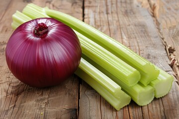 Fresh organic red onion and celery stems  essential ingredients for healthy recipes and nutrition