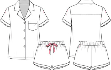 cad drawing flat vector illustration of women’s short sleeve pajama set with chest pocket, elastic waistband shorts and bow tie
