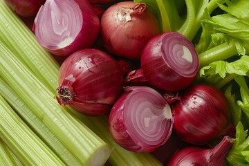 Fresh organic red onion and celery stems  key ingredients for nutritious and healthy recipes