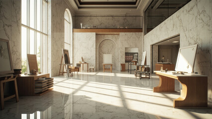 Luxurious art studio interior with marble walls large windows easels tables and natural light creating a bright and spacious atmosphere