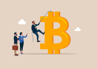 Business concept, corporate of success, career path. Businessman climb rope to top of symbol bitcoin money. Flat vector illustration