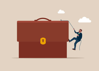 Business concept, corporate of success, career path. Businessman climb rope to top of briefcase. Career growth development plan, job promotion. Flat vector illustration