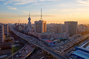 China Beijing Suzhou Bridge city dusk traffic and skyscraper landscape

