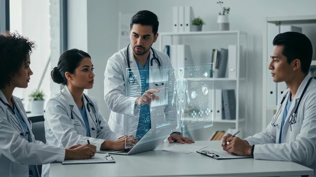 Male doctor and team analyzing human anatomy hologram. Healthcare professionals discussing medical data and futuristic diagnostics footage. - Powered by Adobe