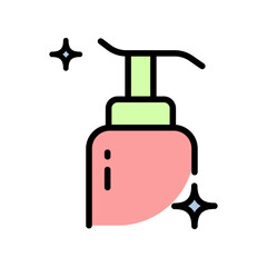 Liquid soap for hands and body. Detergent with dispenser. Hands disinfection. Illustration of cleanser, detergent, shampoo, liquid soap, gel. Vector isolated color symbol.