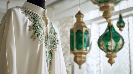 White thobe with green and gold embroidery, soft light highlighting textures amid festive lanterns.
