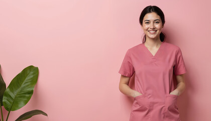 Smiling nurse in pink scrubs with stethoscope stands against soft pink backdrop. Medical pro embodies compassion, empathy, kindness in healthcare. Represents dedication to patient care, wellness,