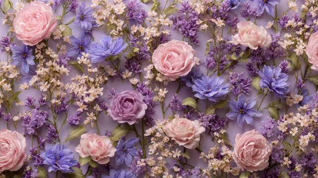 Big collection of different flowers in purple color. Neural network AI generated