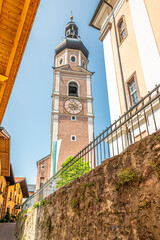 Naklejka premium View at the Bell tower of Saint Peter and Paul Church in Castelrotto town - Italy