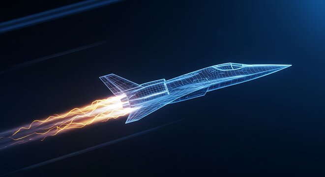 Glowing blue wireframe schematic of a hypersonic aircraft with fiery exhaust, symbolizing speed, innovation, and future aerospace engineering.