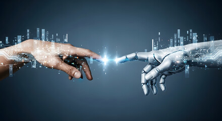 Human and robot hands reaching out to touch, with a bright light between them, symbolizing connection and technology.