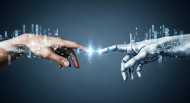Human and robot hands reaching out to touch, with a bright light between them, symbolizing connection and technology.