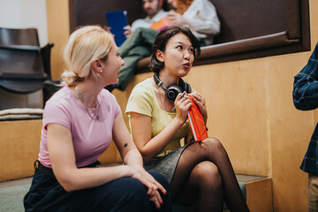 Two colleagues chatting during a break in a meeting, fostering team connection and engagement in a...