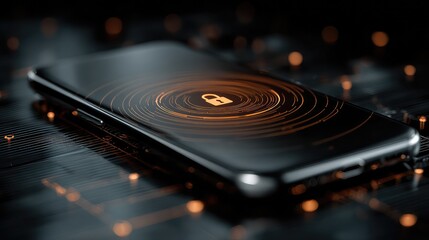 Mobile security icon with lock overlays phone screen with threat detection layers and signal protection.