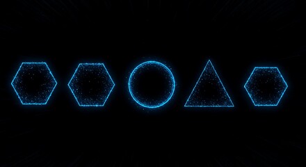 A set of four luminous blue geometric shapes, including a hexagon, circle, triangle, and pentagon, glowing with a particle effect against a dark background.
