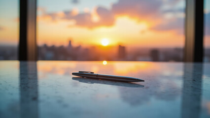 Silver pen resting on a reflective surface with a blurred cityscape and sunset sky visible through a window