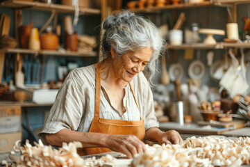 Elderly woman carpenter in apron in her workshop, smiling, carving handmade items from wood, DIY, hobby.