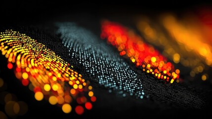 Multicolored biometric fingerprints form a glowing digital matrix on dark tech background, symbolizing identity verification, secure access, and futuristic data authentication.