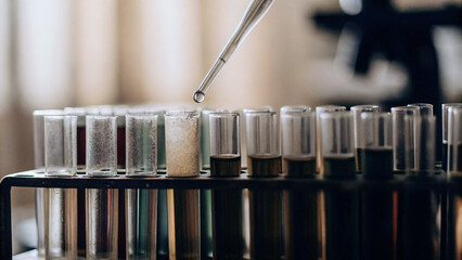 Test tubes in laboratory with samples of chemicals