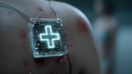 Neon bio-chip implant glows beneath skin surface, symbolizing futuristic healthcare interfaces, biomedical tracking, and personalized diagnostics through wearable medical chips.