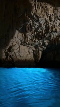 Drone video of the stunning Emerald Grotto on the Amalfi Coast, showcasing crystal-clear turquoise water, dramatic stalactites, and stalagmites inside the glowing sea cave