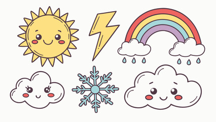 Cute cartoon weather elements set. Adorable hand-drawn sun, happy clouds, colorful rainbow, lightning bolt, and snowflake icons for children's educational content.