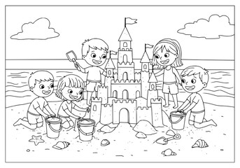 Children construct a grand sandcastle on a sandy beach near the ocean, complete with buckets, shells, and playful imagination during summertime.