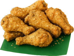Lemon Pepper Wings Close up. Crispy lemon pepper chicken wings stacked on green paper, isolated on white background.