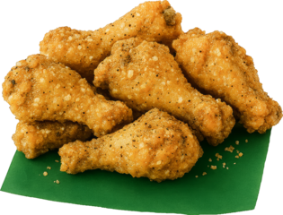 Lemon Pepper Wings Close up. Crispy lemon pepper chicken wings stacked on green paper, isolated on white background.