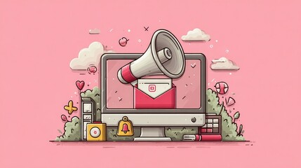 Newsletter notification pops up on digital screen with envelope, subscribe icon, and bell indicator.