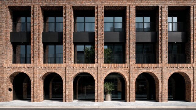 Symmetrical brick arches against soft light. Neural network AI generated