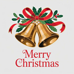 Festive Christmas bells illustration: ornate gold bells tied with a red ribbon and holly, cheerful holiday design, perfect for cards or seasonal marketing.