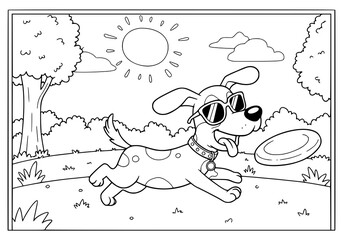 Obraz premium Cartoon dog wearing sunglasses runs in a summer park with a frisbee, ideal for children's coloring books and creative projects.
