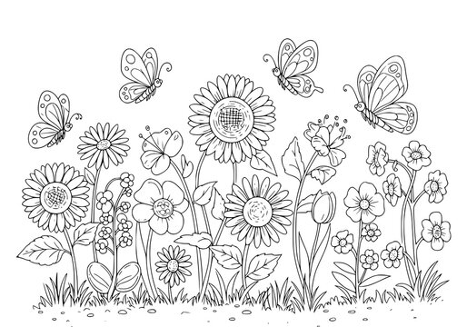 Beautiful flowers and butterflies create a delightful design suitable for coloring books, springtime themes and nature-inspired projects.